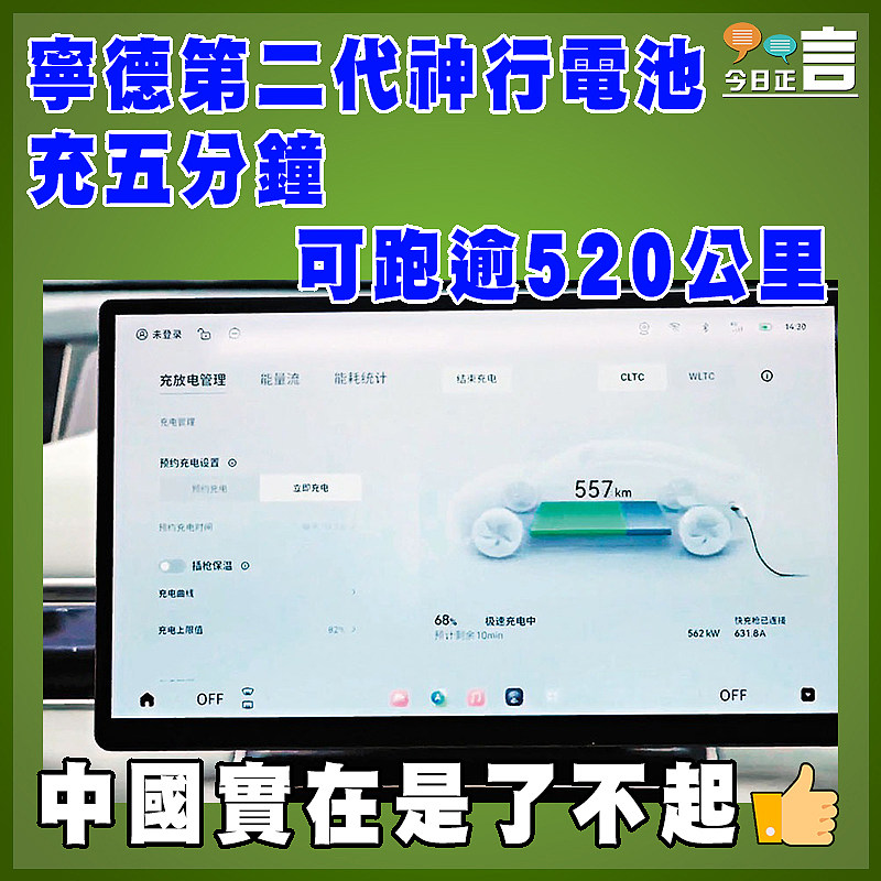 寧德第二代神行電池  充五分鐘可跑逾520公里