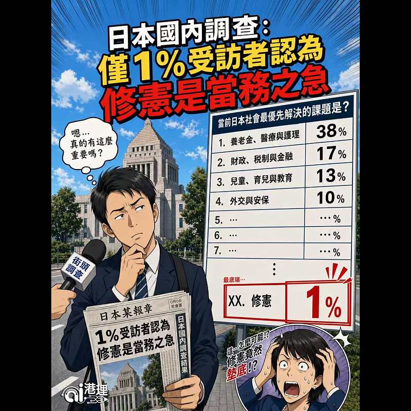 【AI漫畫】日本國內調查：僅1%受訪者認為修憲是當務之急