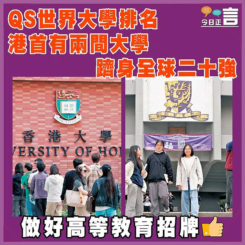 QS世界大學排名  港首有兩間大學躋身全球二十強