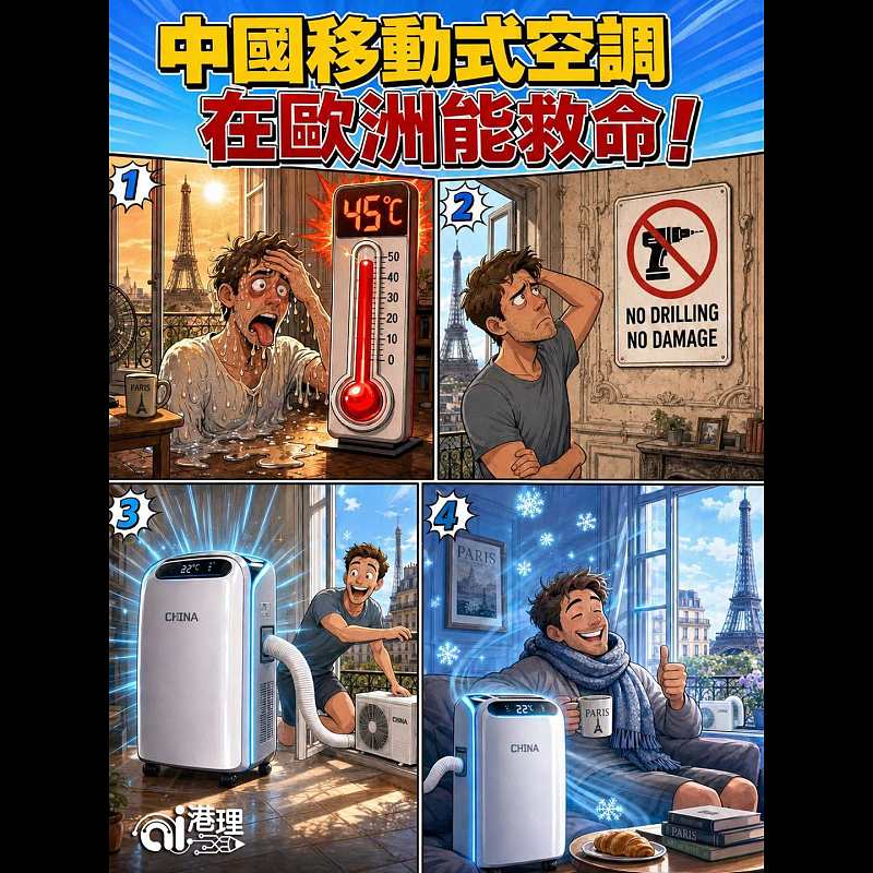 【AI漫畫】中國移動式空調 在歐洲能救命！