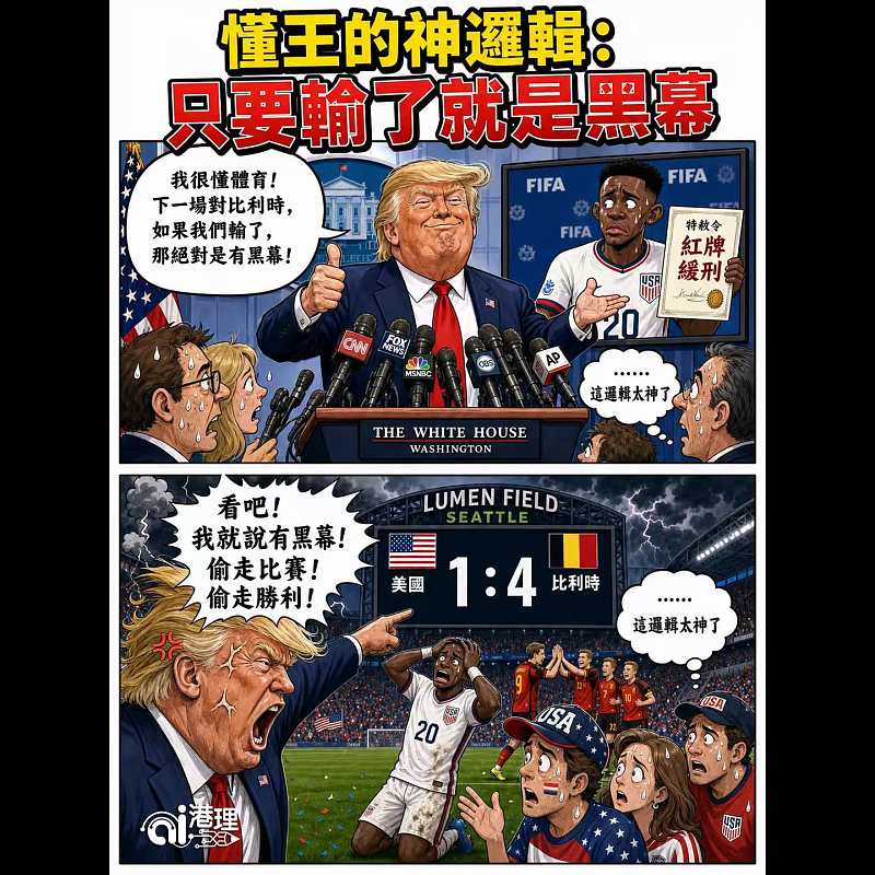 【AI漫畫】懂王的神邏輯：只要輸了就是黑幕