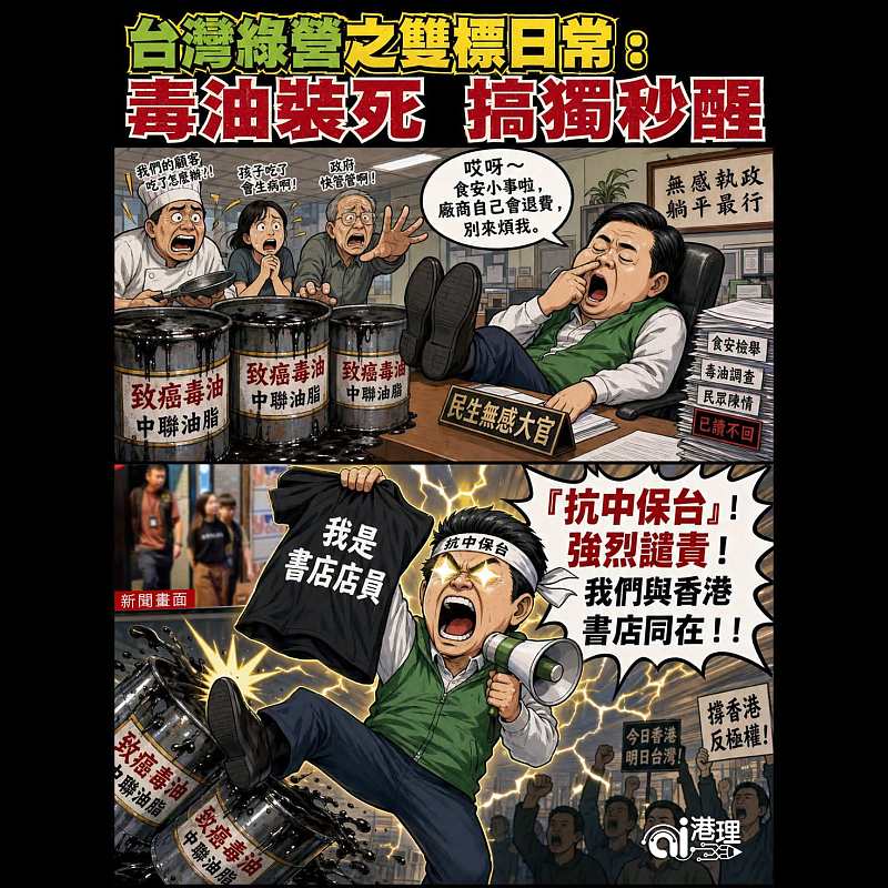【AI漫畫】台灣綠營之雙標日常：毒油裝死 搞獨秒醒