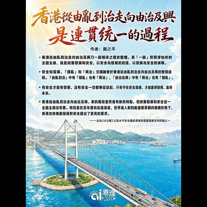 【AI繪圖】香港從由亂到治走向由治及興是連貫統一的過程──以高水平安全護航香港高質量發展系列評論之一