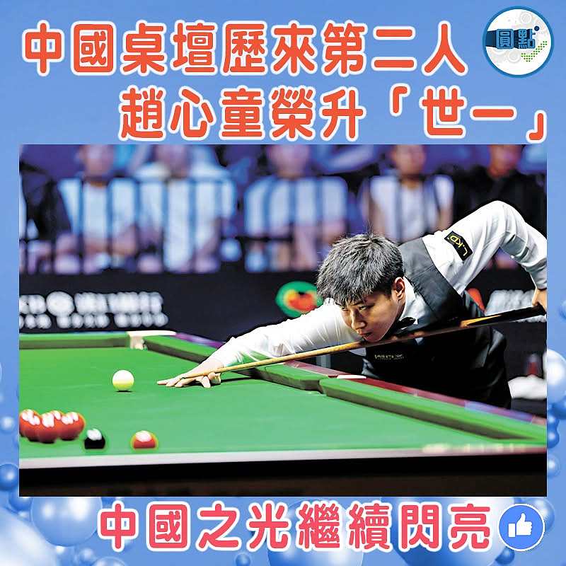 中國桌壇歷來第二人 趙心童榮升「世一」