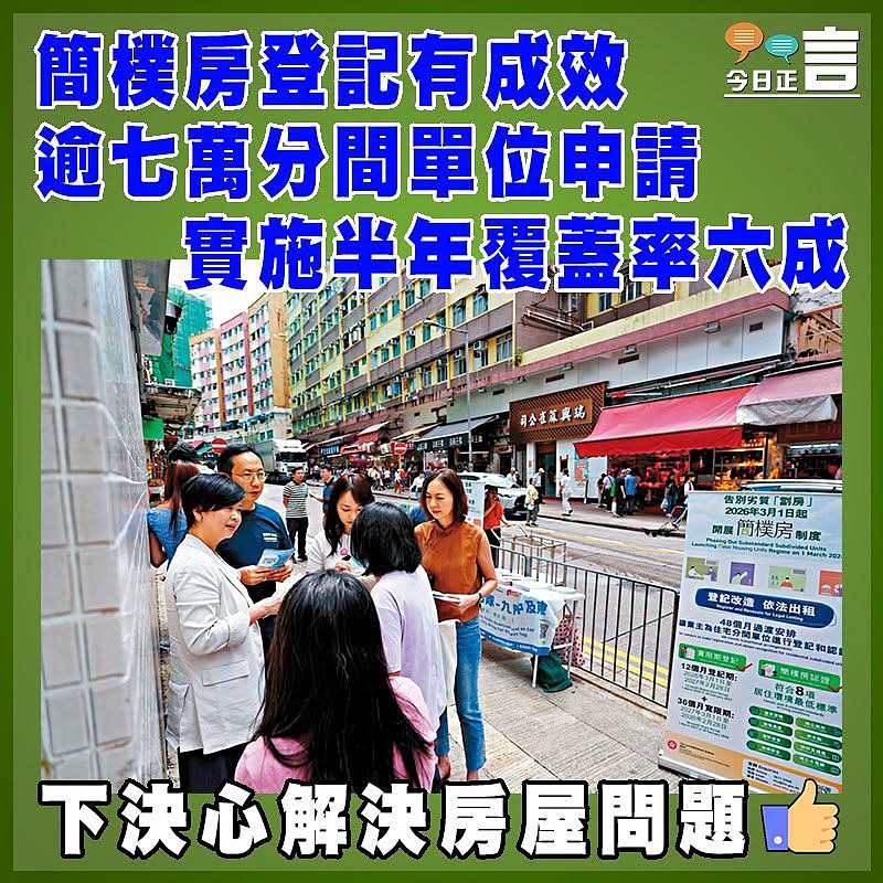 簡樸房登記有成效  逾七萬分間單位申請  實施半年覆蓋率六成
