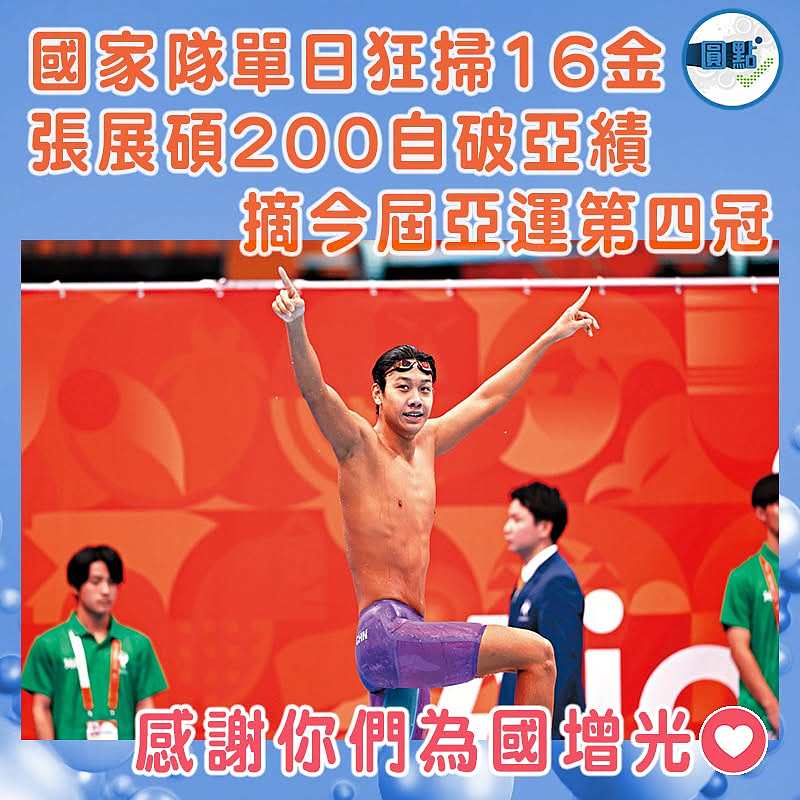 國家隊單日狂掃16金 張展碩200自破亞績 摘今屆亞運第四冠