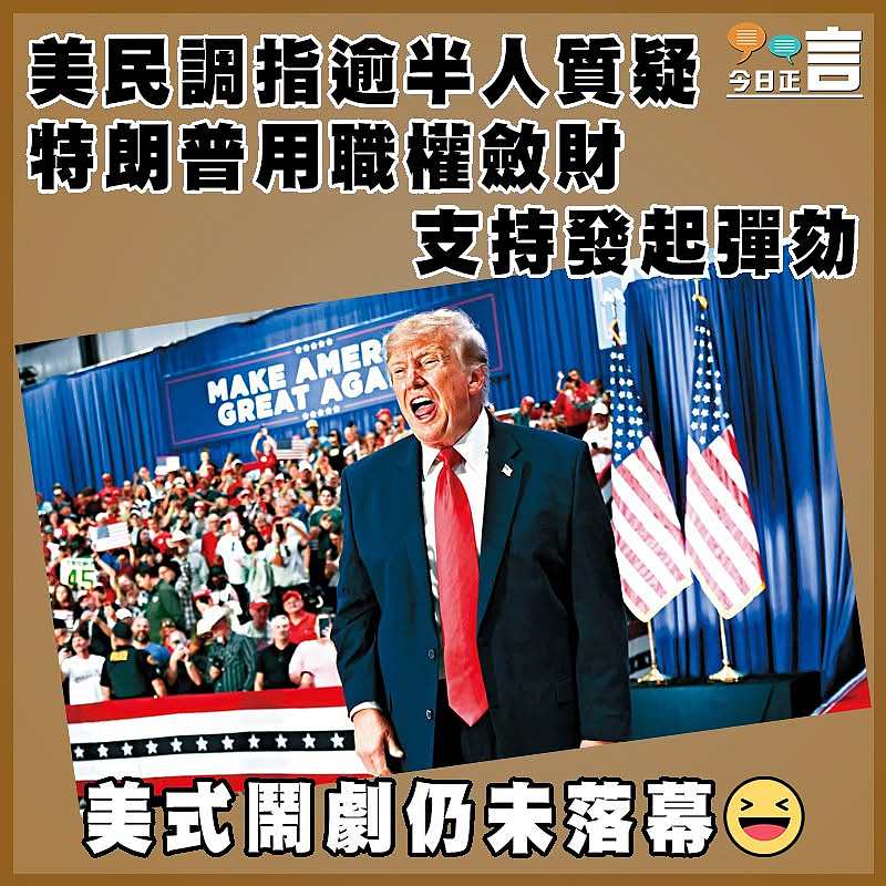 美民調指逾半人質疑特朗普用職權斂財  支持發起彈劾
