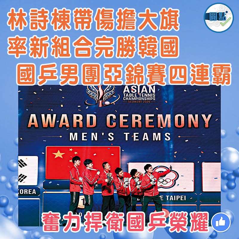 林詩棟帶傷擔大旗 率新組合完勝韓國  國乒男團亞錦賽四連霸